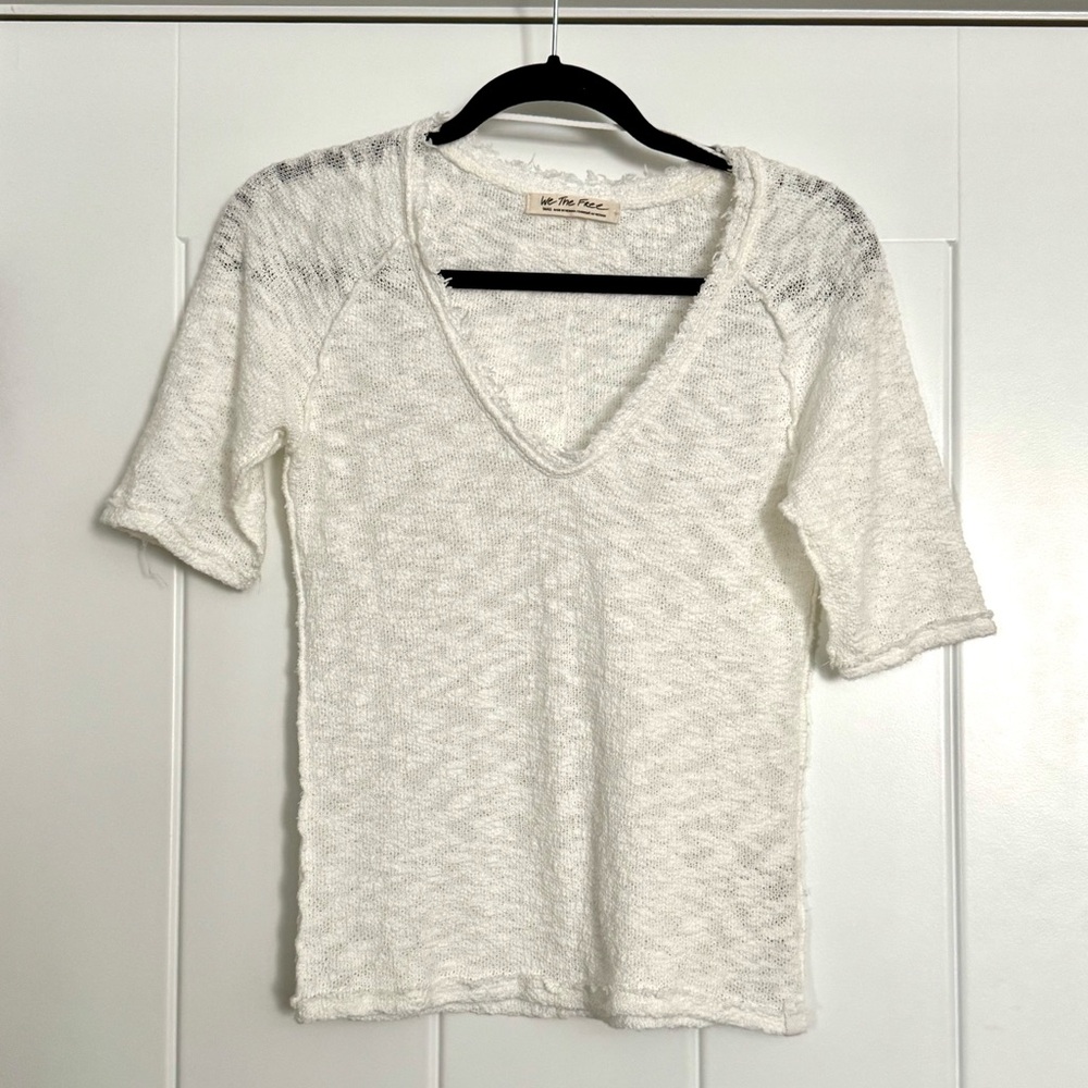 Free People Francis Tee (White V-Neck Knit Top)